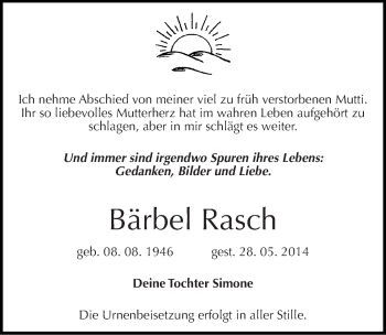 Traueranzeige von Bärbel Rasch von Mitteldeutsche Zeitung Quedlinburg