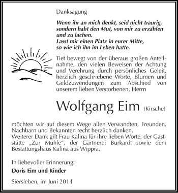 Traueranzeige von Wolfgang Eim von Mitteldeutsche Zeitung Mansfelder Land