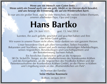 Traueranzeige von Hans Bartko von Mitteldeutsche Zeitung Köthen