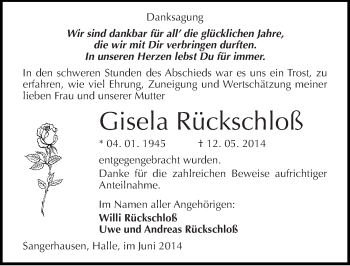 Traueranzeige von Gisela Rückschloß von Mitteldeutsche Zeitung Sangerhausen