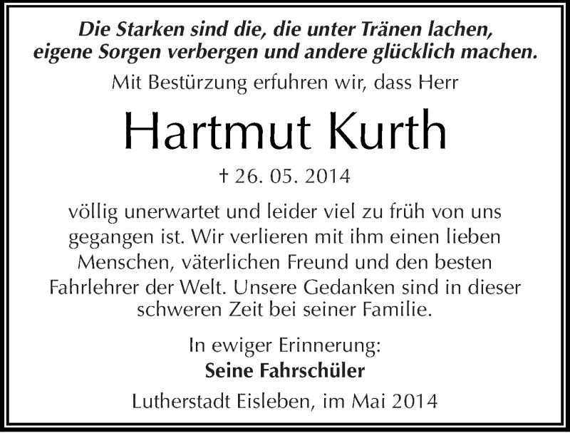  Traueranzeige für Hartmut Kurth vom 04.06.2014 aus Mitteldeutsche Zeitung Mansfelder Land