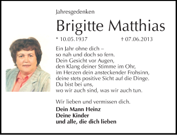 Traueranzeige von Brigitte Matthias von Mitteldeutsche Zeitung Halle/Saalkreis