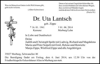 Traueranzeige von Uta Lantsch von Mitteldeutsche Zeitung Wittenberg