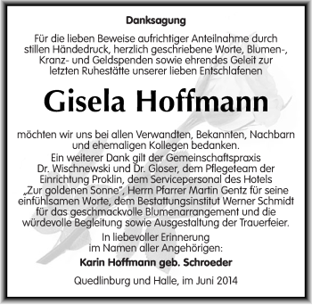 Traueranzeige von Gisela Hoffmann von Mitteldeutsche Zeitung Quedlinburg