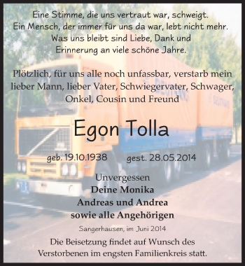Traueranzeige von Egon Tolla von Mitteldeutsche Zeitung Sangerhausen