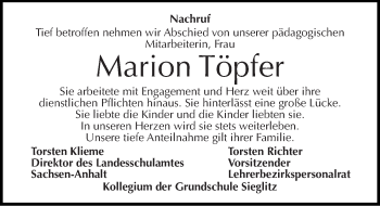 Traueranzeige von Marion Töpfer von Mitteldeutsche Zeitung Naumburg/Nebra