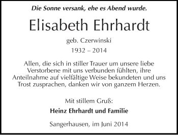Traueranzeige von Elisabeth Ehrhardt von Mitteldeutsche Zeitung Sangerhausen