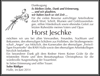 Traueranzeige von Horst Jeschke von Mitteldeutsche Zeitung Halle/Saalkreis