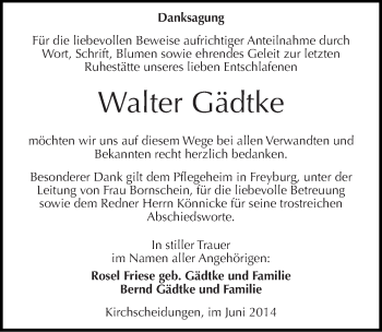Traueranzeige von Walter Gädtke von Mitteldeutsche Zeitung Naumburg/Nebra