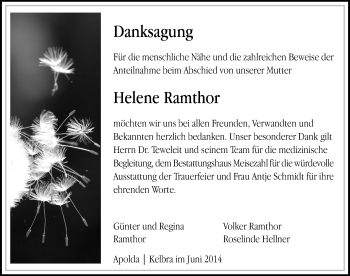 Traueranzeige von Helene Ramthor von Mitteldeutsche Zeitung Sangerhausen