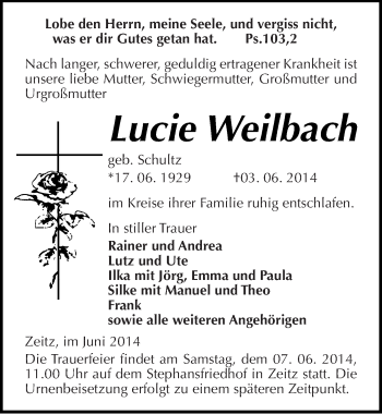 Traueranzeige von Lucie Weilbach von Mitteldeutsche Zeitung Zeitz