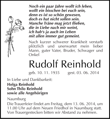 Traueranzeige von Rudolf Reinhold von Mitteldeutsche Zeitung Naumburg/Nebra