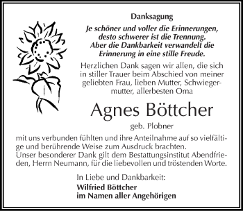 Traueranzeige von Agnes Böttcher von Mitteldeutsche Zeitung Naumburg/Nebra