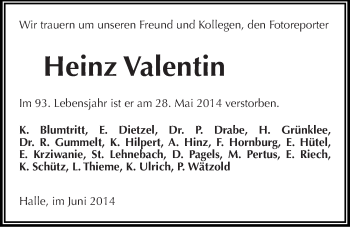 Traueranzeige von Heinz Valentin von Mitteldeutsche Zeitung Halle/Saalkreis