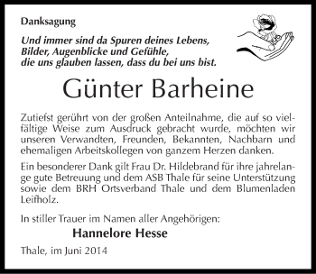 Traueranzeige von Günter Barheine von Mitteldeutsche Zeitung Quedlinburg