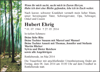 Traueranzeige von Hubert Ehrig von Mitteldeutsche Zeitung Sangerhausen