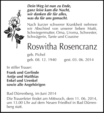 Traueranzeige von Roswitha Rosencranz von Mitteldeutsche Zeitung Merseburg/Querfurt