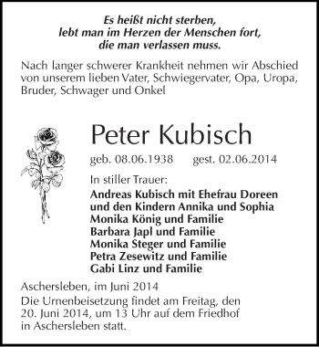 Traueranzeige von Peter Kubisch von Mitteldeutsche Zeitung Aschersleben