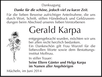 Traueranzeige von Gerald Karpa von Mitteldeutsche Zeitung Merseburg/Querfurt