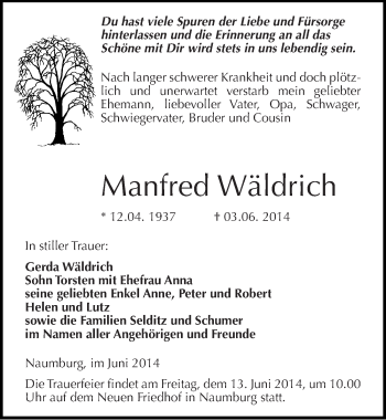 Traueranzeige von Manfred Wäldrich von Mitteldeutsche Zeitung Naumburg/Nebra
