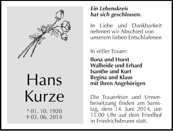 Traueranzeige von Hans Kurze von Mitteldeutsche Zeitung Quedlinburg