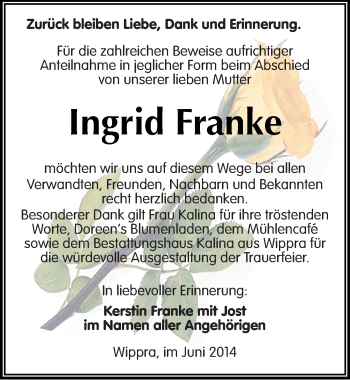 Traueranzeige von Ingrid Franke von Mitteldeutsche Zeitung Mansfelder Land