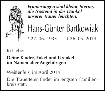 Traueranzeige von Hans-Günter Bartkowiak von Mitteldeutsche Zeitung Weißenfels