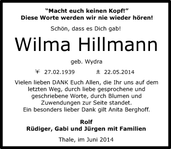 Traueranzeige von Wilma Hillmann von Mitteldeutsche Zeitung Quedlinburg
