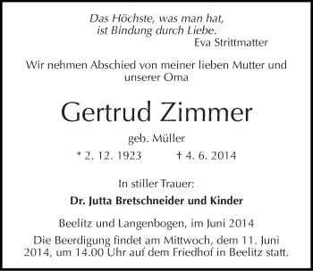 Traueranzeige von Gertrud Zimmer von Mitteldeutsche Zeitung Halle/Saalkreis