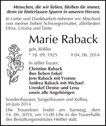 Traueranzeige von Marie Raback von Mitteldeutsche Zeitung Sangerhausen