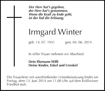 Traueranzeige von Irmgard Winter von Mitteldeutsche Zeitung Halle/Saalkreis
