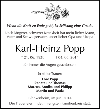 Traueranzeige von Karl-Heinz Popp von Mitteldeutsche Zeitung Sangerhausen