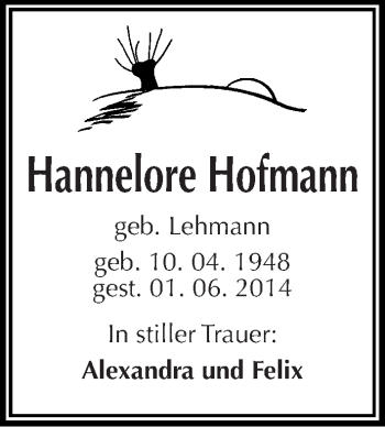 Traueranzeige von Hannelore Hofmann von Mitteldeutsche Zeitung Halle/Saalkreis