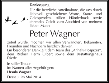 Traueranzeige von Peter Wagner von Mitteldeutsche Zeitung Dessau-Roßlau