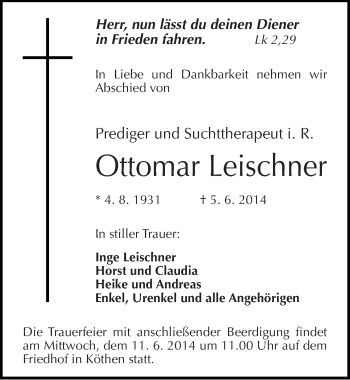 Traueranzeige von Ottomar Leischner von Mitteldeutsche Zeitung Köthen