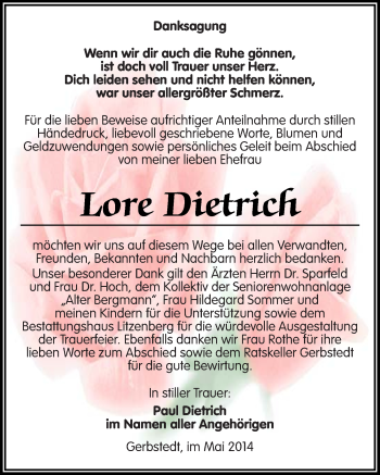 Traueranzeige von Lore Dietrich von Mitteldeutsche Zeitung Mansfelder Land