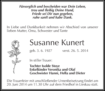 Traueranzeige von Susanne Kunert von Mitteldeutsche Zeitung Halle/Saalkreis