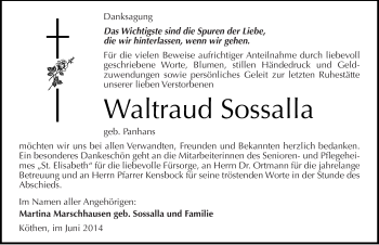 Traueranzeige von Waltraud Sossalla von Mitteldeutsche Zeitung Köthen