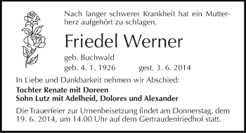Traueranzeige von Friedel Werner von Mitteldeutsche Zeitung Halle/Saalkreis
