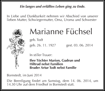 Traueranzeige von Marianne Füchsel von Mitteldeutsche Zeitung Mansfelder Land
