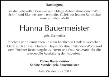 Traueranzeige von Hanna Bauermeister von Mitteldeutsche Zeitung Halle/Saalkreis
