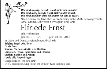 Traueranzeige von Elfriede Ernst von Mitteldeutsche Zeitung Sangerhausen