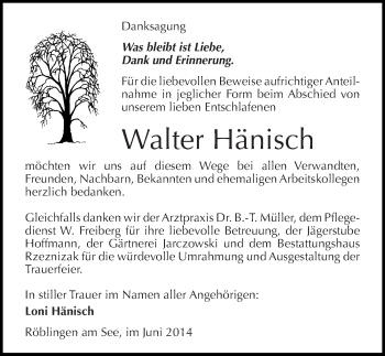 Traueranzeige von Walter Hänisch von Mitteldeutsche Zeitung Mansfelder Land