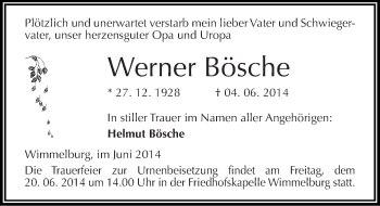 Traueranzeige von Werner Bösche von Mitteldeutsche Zeitung Mansfelder Land