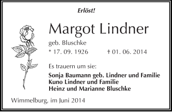 Traueranzeige von Margot Lindner von Mitteldeutsche Zeitung Mansfelder Land