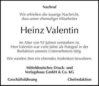 Traueranzeige von Heinz Valentin von Mitteldeutsche Zeitung Halle/Saalkreis