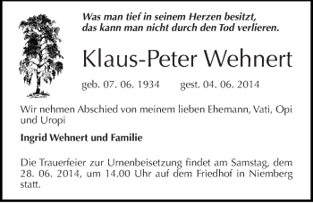Traueranzeige von Klaus-Peter Wehnert von Mitteldeutsche Zeitung Halle/Saalkreis