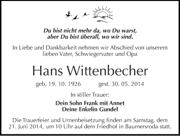 Traueranzeige von Hans Wittenbecher von Mitteldeutsche Zeitung Naumburg/Nebra