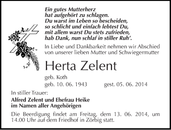 Traueranzeige von Herta Zelent von Mitteldeutsche Zeitung Bitterfeld