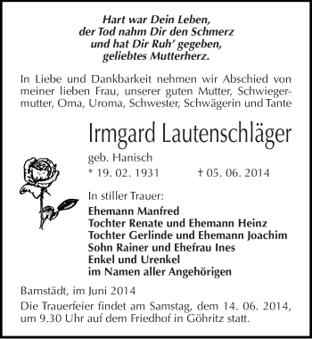 Traueranzeige von Irmgard Lautenschläger von Mitteldeutsche Zeitung Merseburg/Querfurt